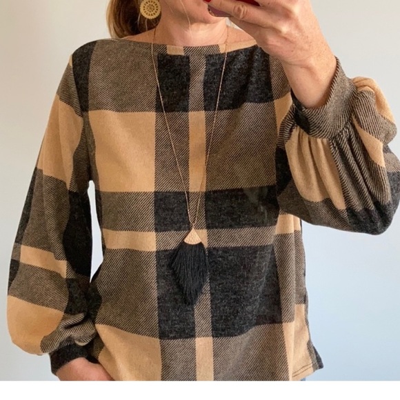 Black & Tan Plaid Puff Sleeve Top - Picture 3 of 7